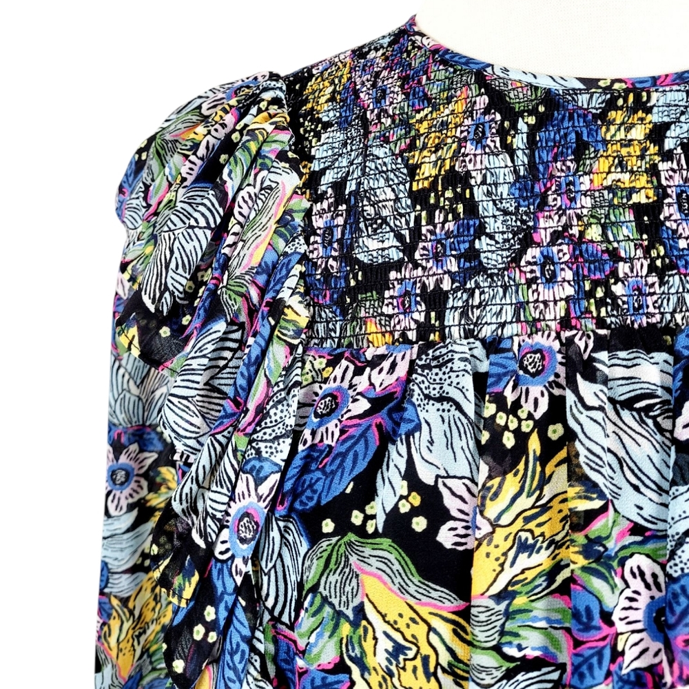 CINQ A SEPT Harriet Floral Smocked Yoke Top Blouse Ruffles Small - Picture 5 of 10